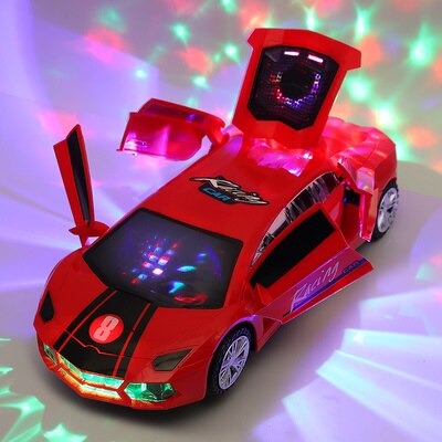 Red stunt toy car with open doors, an illuminated windshield, and colorful light patterns.
