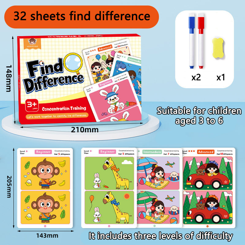 Red 32-sheet set for ages 3–6 with two markers, an eraser, and sample activity cards