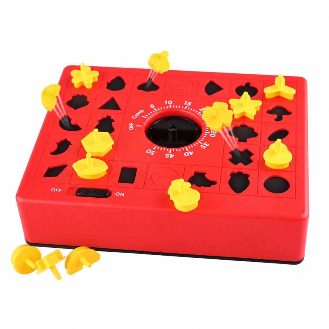 Red shape-matching game with a central timer and yellow pieces placed in several openings