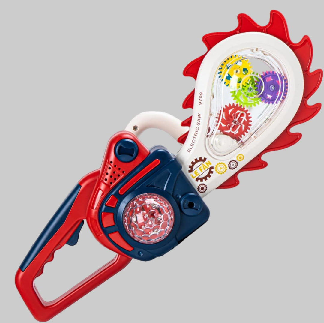 Red and blue toy saw with a wide handle and colorful gears behind a clear panel
