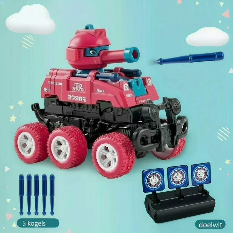 Red toy tank shown with five blue projectiles and a three-target stand