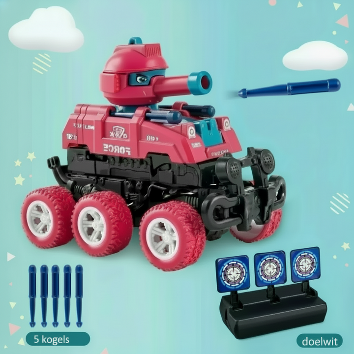 Red toy tank shown with five blue projectiles and a three-target stand