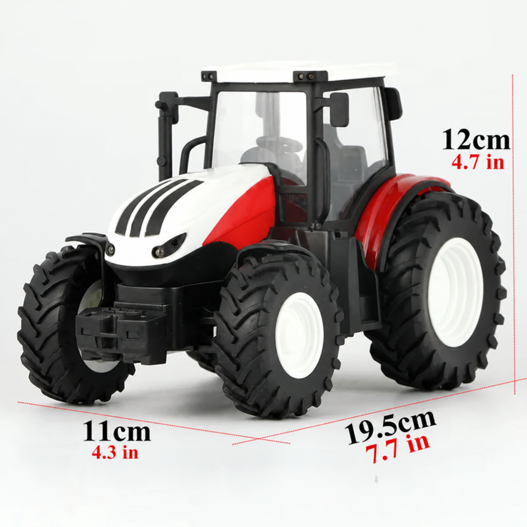 Red RC tractor measuring 19.5 cm long, 11 cm wide, and 12 cm tall