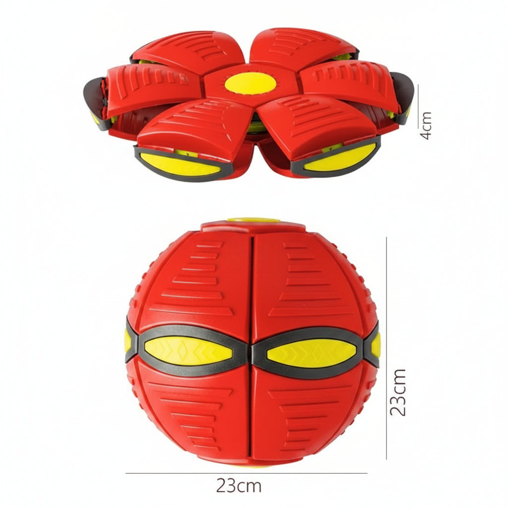 Red transforming ball with 23 cm width and height and 4 cm flattened height measurements