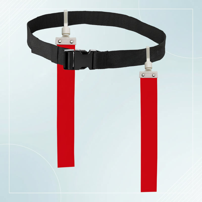 Black adjustable flag football belt with two red flags and a front buckle