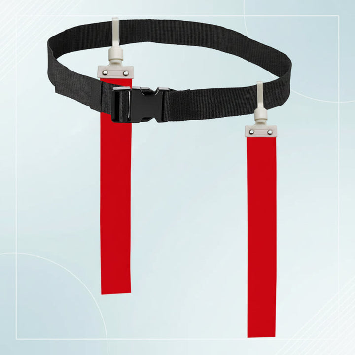 Black adjustable flag football belt with two red flags and a front buckle