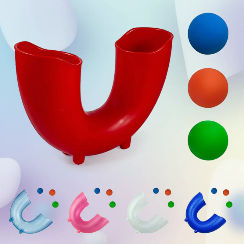 Red U-shaped ball skills tube with three colored balls and additional tube color examples