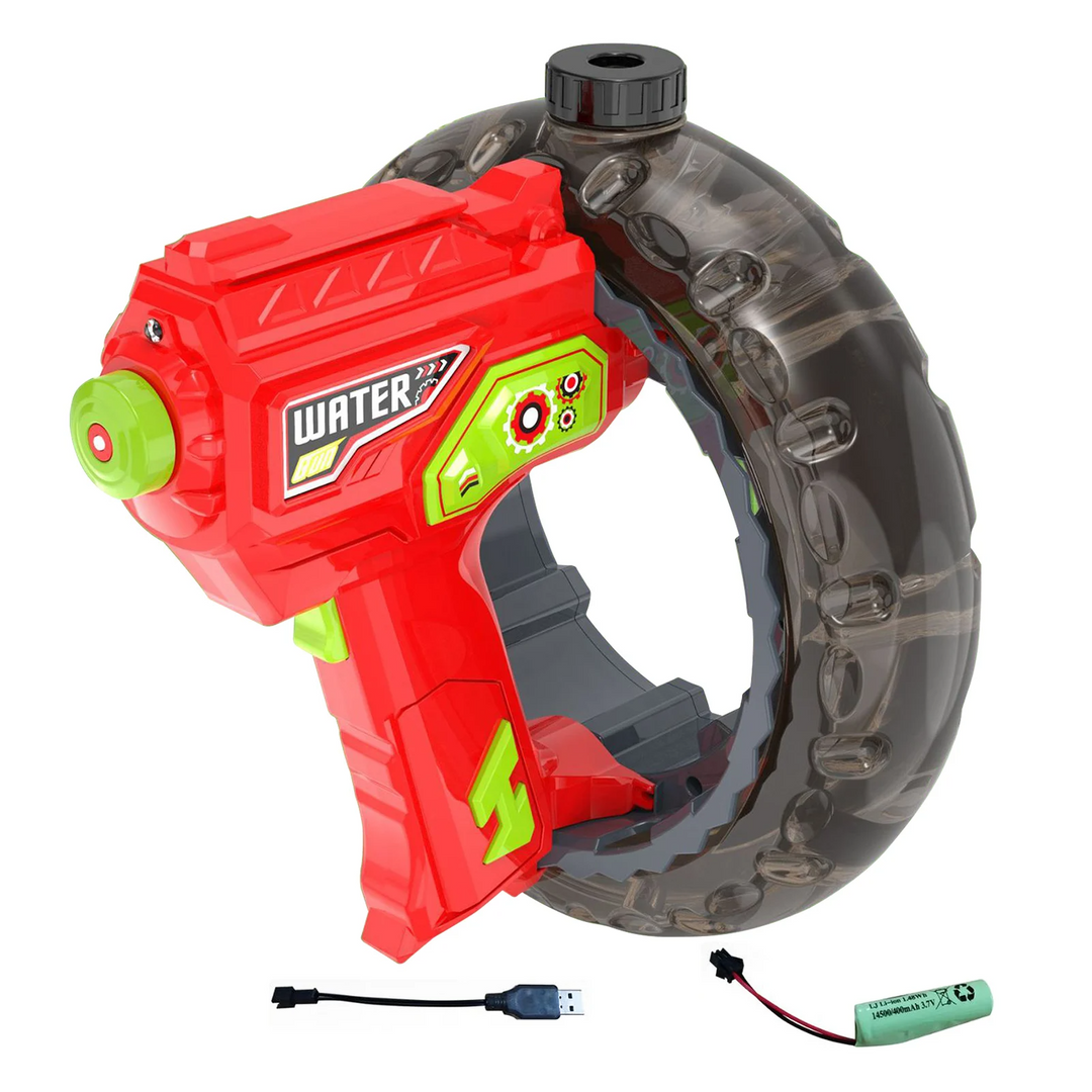 Red water blaster with a smoke-gray curved reservoir, rechargeable battery and USB charging cable
