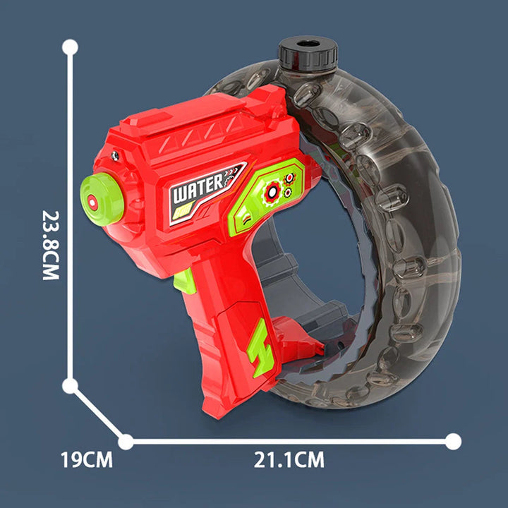 Red water blaster with measurements of 23.8 cm, 19 cm and 21.1 cm