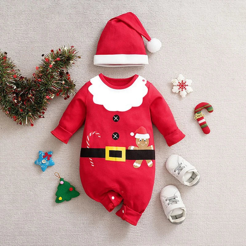 Red baby Christmas romper with a white beard and candy cane print, shown beside a matching Santa hat