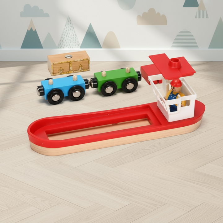 Red-and-white toy ferry carrying two small wheeled vehicles