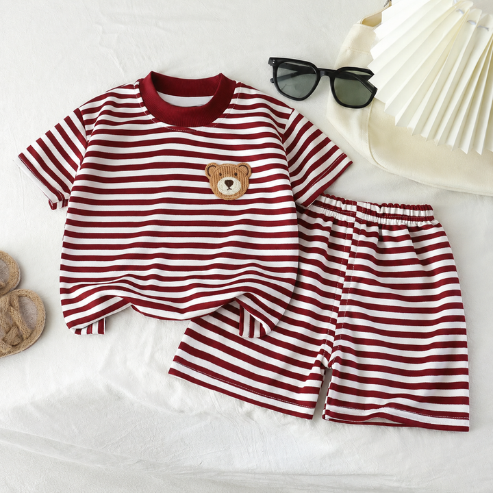 Red-and-white striped T-shirt with a bear chest patch and matching shorts.