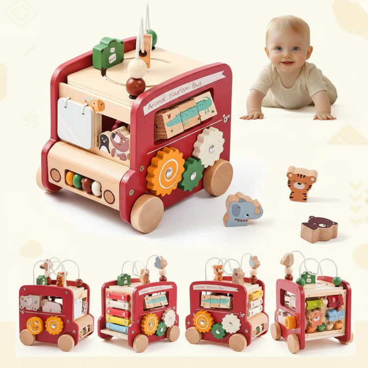 Red wooden activity bus with a bead maze, spinning gears, and animal-shaped blocks