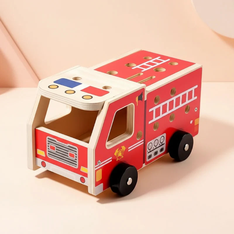 Red wooden fire truck body with black wheels and printed ladder details.