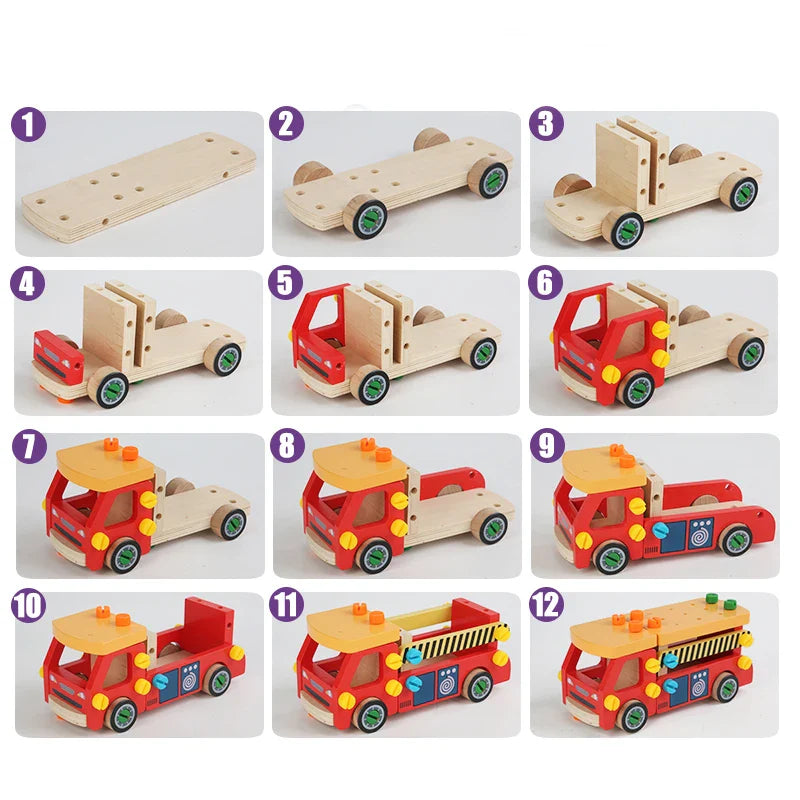 Step-by-step assembly chart showing a red wooden toy truck built in 12 stages