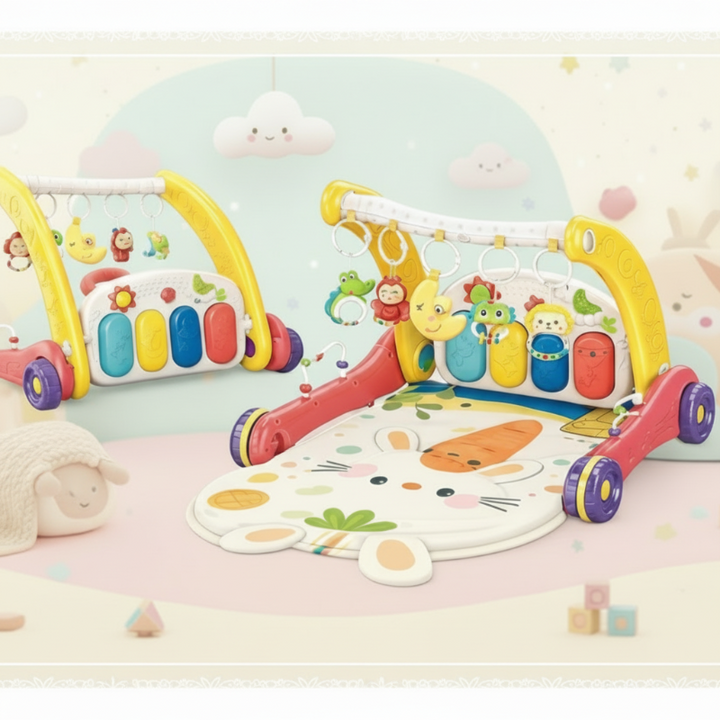 Red and yellow musical gym shown with a bunny mat and in its upright walker configuration