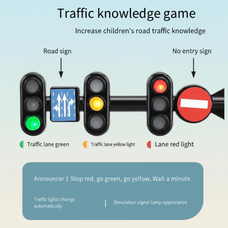 Toy traffic-light diagram showing green, yellow, and red signals with road signs.