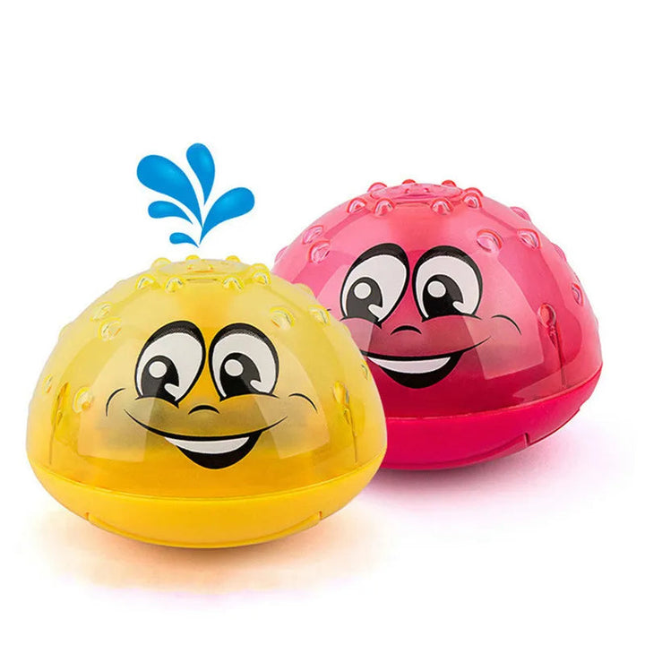 Red and yellow smiling LED bath balls with a blue splash graphic above the yellow ball