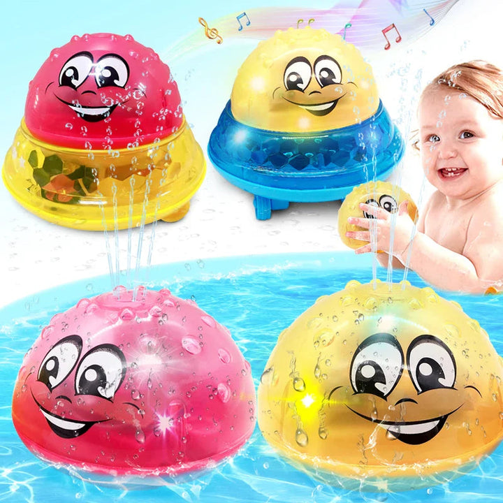Red and yellow smiling bath toys shown with lights, water spray, and optional bases