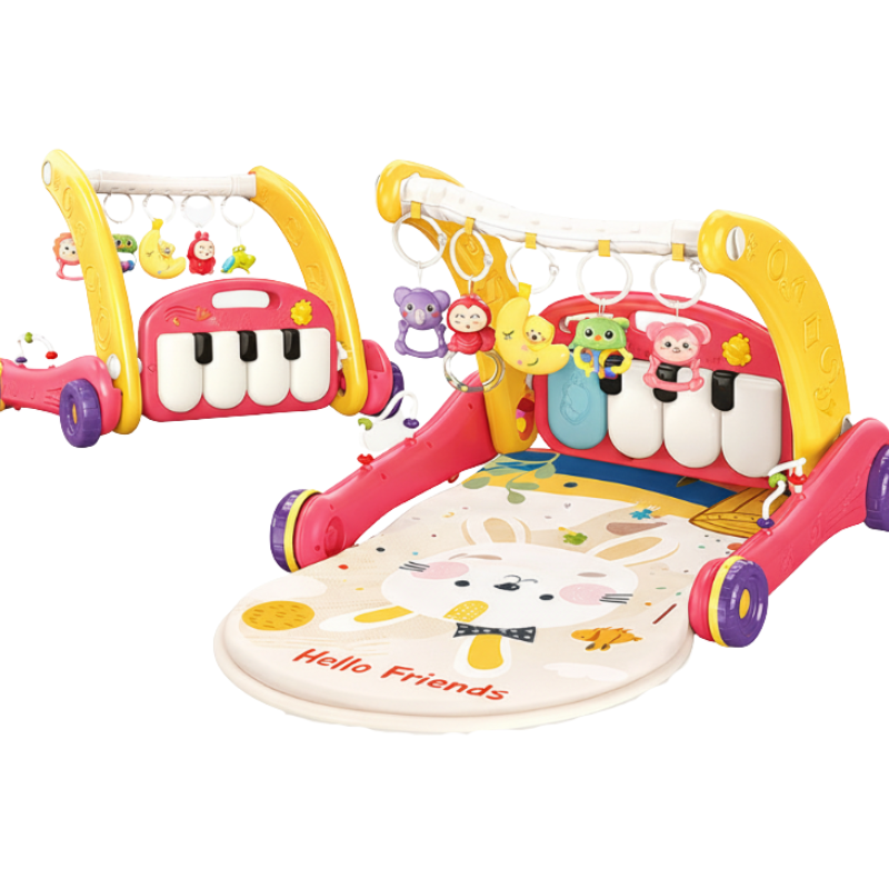 Red and yellow musical gym and walker with animal rattles, piano keys, and a printed mat
