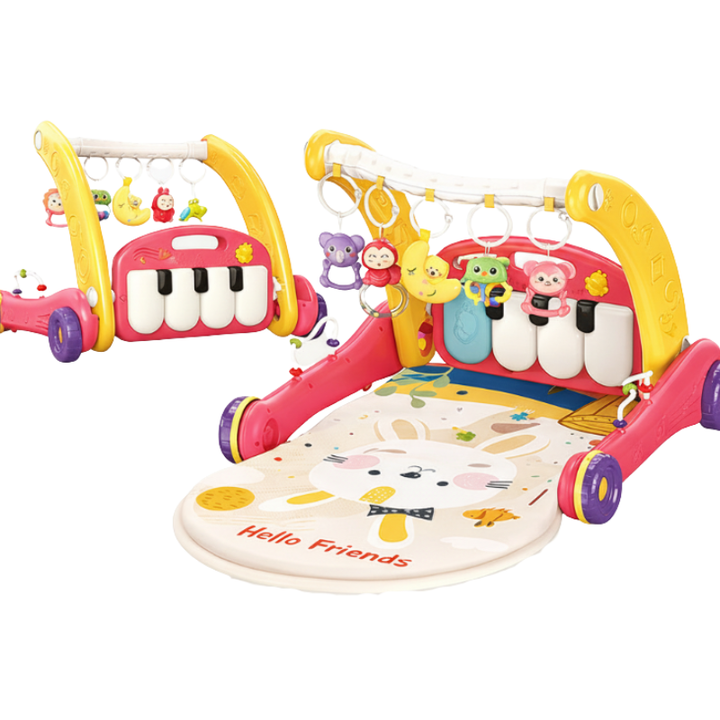 Red and yellow musical gym and walker with animal rattles, piano keys, and a printed mat