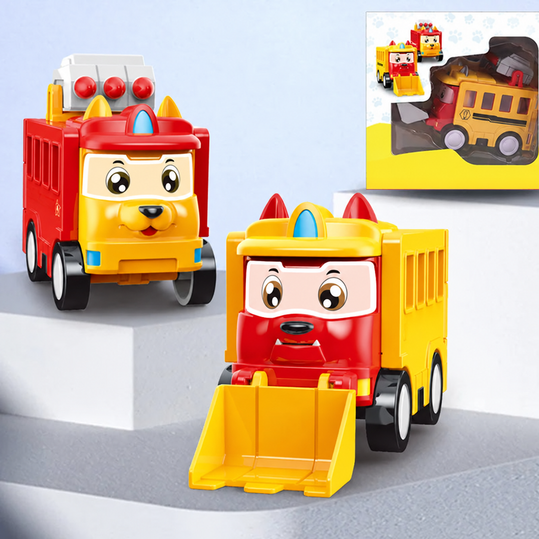 Red and yellow character toy truck with a front scoop and an alternate vehicle form
