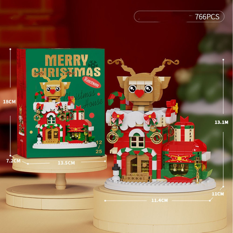 Reindeer building block model with antlers, gift details, measurements, and 766-piece count