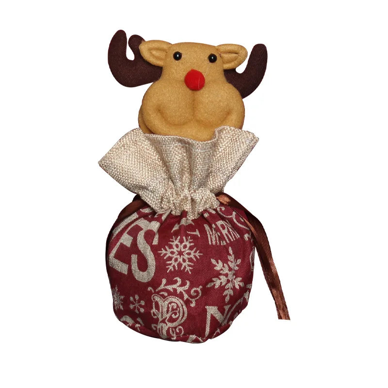 Reindeer gift bag with burgundy Christmas-print fabric, a beige gathered top, and brown drawstrings.