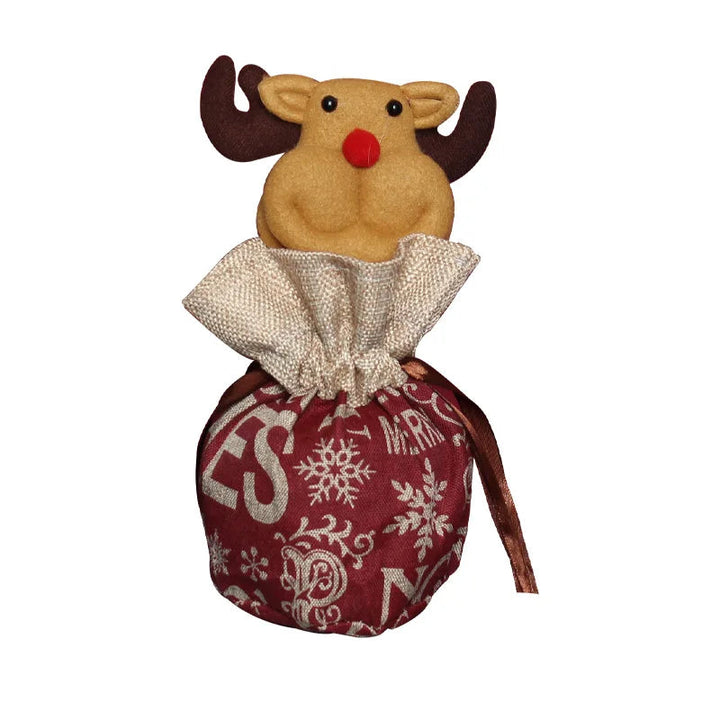Reindeer gift bag with burgundy Christmas-print fabric, a beige gathered top, and brown drawstrings.