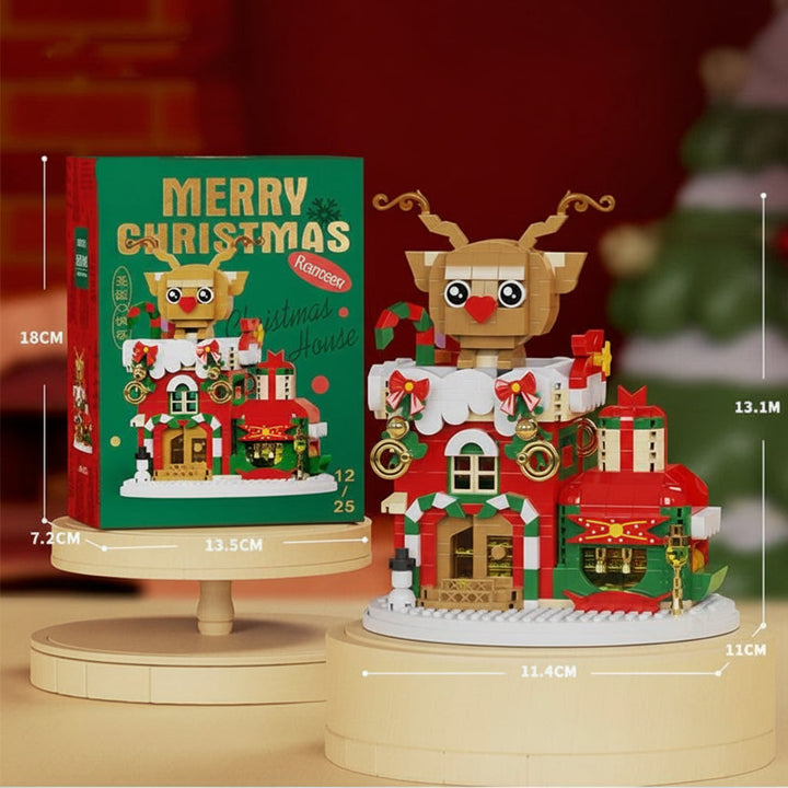 Reindeer-topped Christmas block house with model and box dimensions