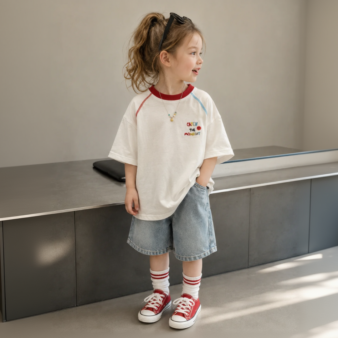 Girl wearing the short-sleeve graphic tee with long denim shorts and red sneakers