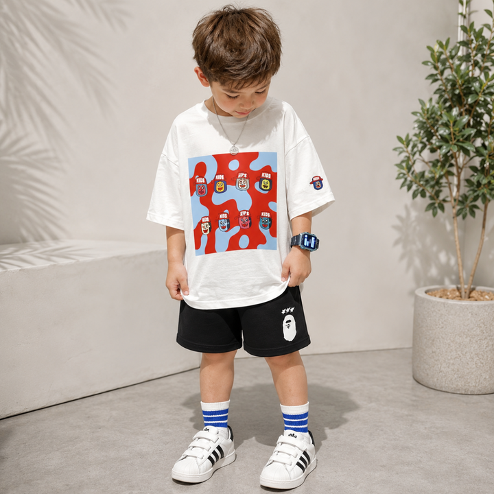 Boy looking down at the front graphic on a loose white T-shirt
