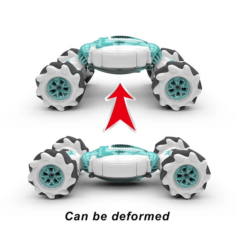 Remote control car shown in raised and low-profile body positions