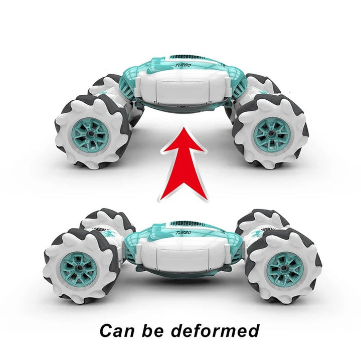 Remote control car shown in raised and low-profile body positions