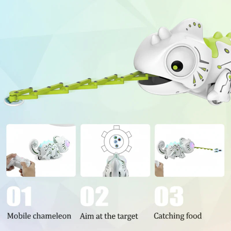 Extended chameleon tongue with illustrated steps for moving, aiming, and catching discs.