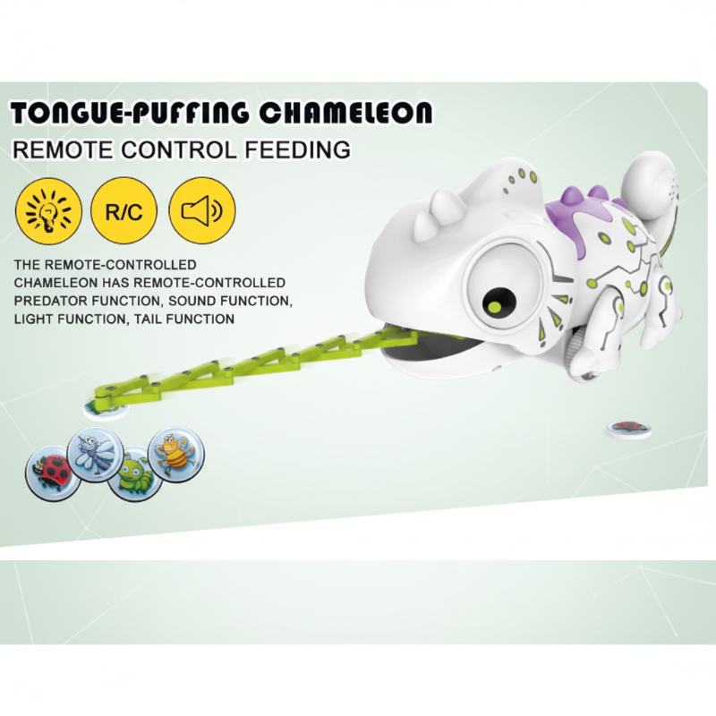 RC chameleon packaging showing tongue action, light and sound functions, and insect discs.