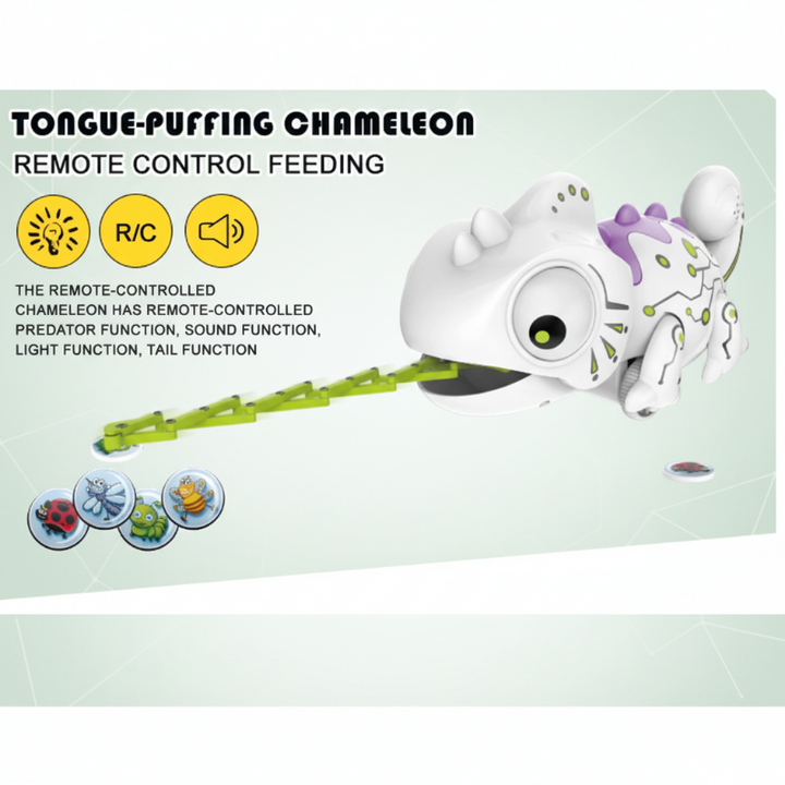 RC chameleon packaging showing tongue action, light and sound functions, and insect discs.