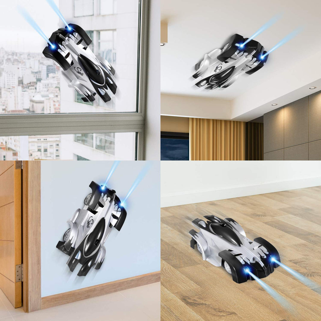 Silver-and-black remote-control car shown on a window, ceiling, wall, and wood floor