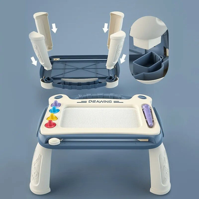Blue drawing board with an underside view showing how its four removable legs attach