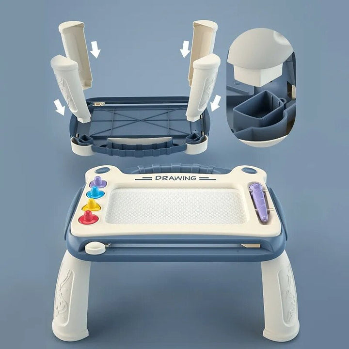Blue drawing board with an underside view showing how its four removable legs attach