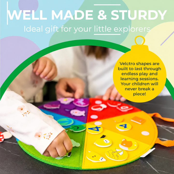 Child playing with detachable felt shapes on a six-color activity board