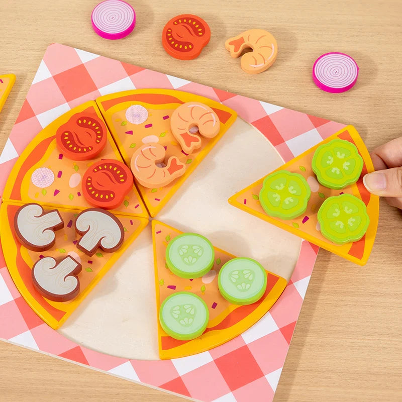 Wooden pizza board with vegetable toppings and one slice lifted from its space