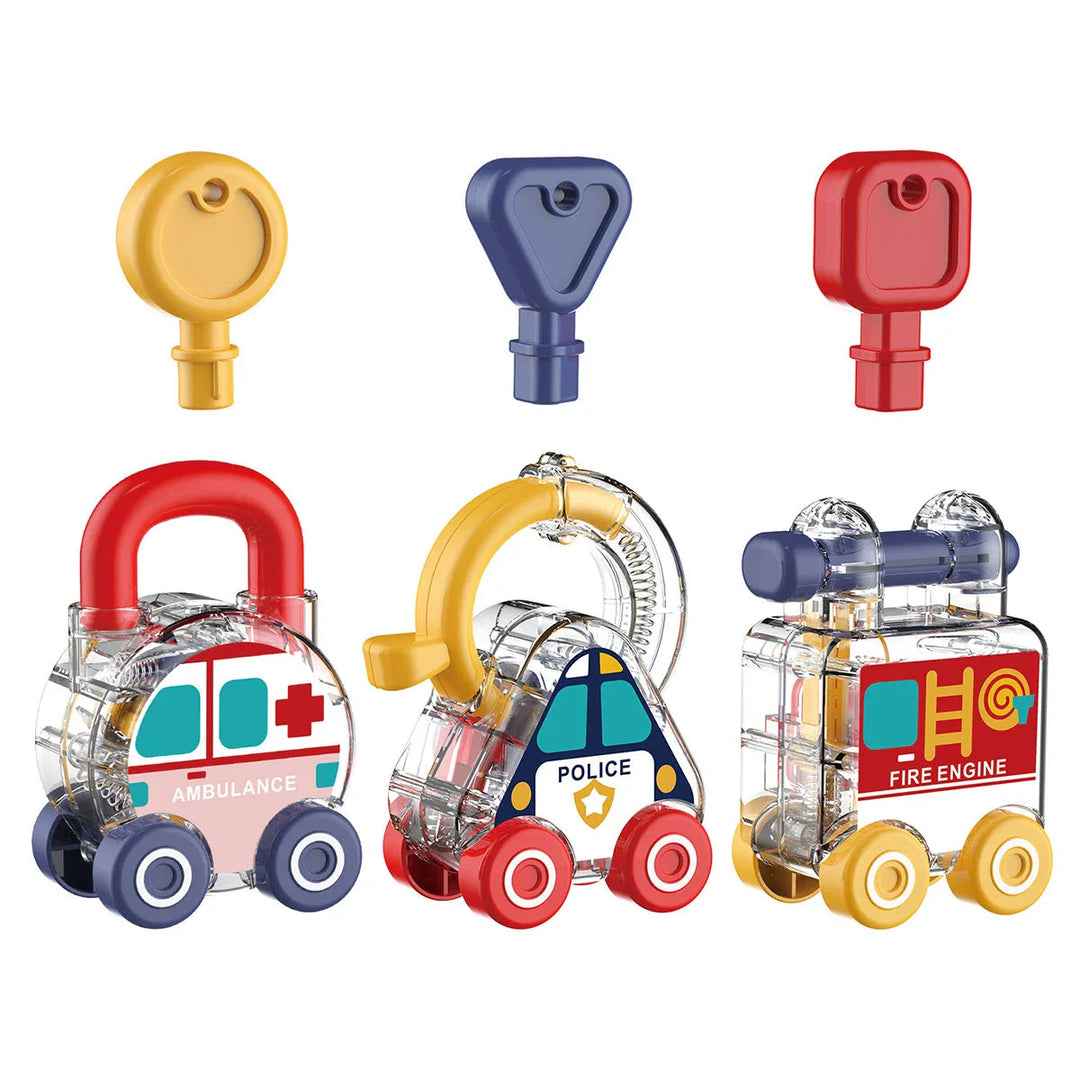 Three emergency vehicle lock toys with round, triangular, and square keys