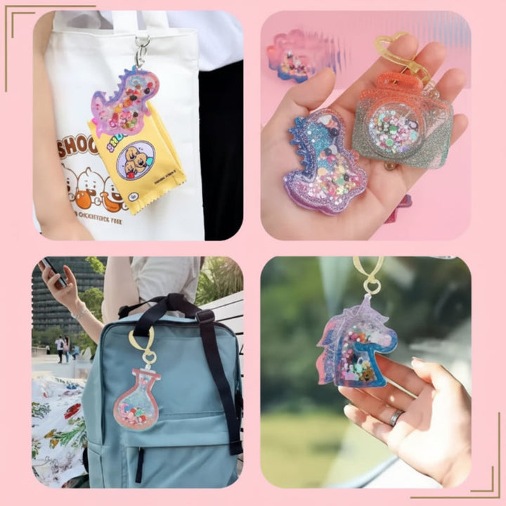 Collage of colorful resin shaker charms clipped to bags and held in a hand
