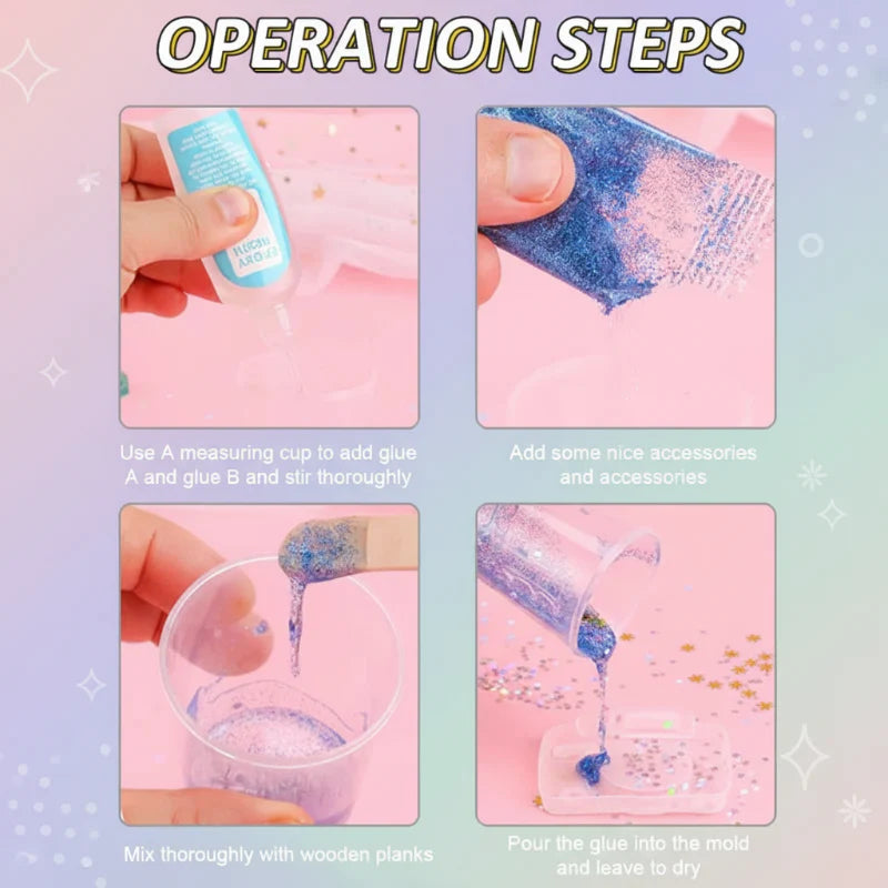 Four-step guide showing resin mixing, adding decorations, stirring, and pouring into a silicone mold