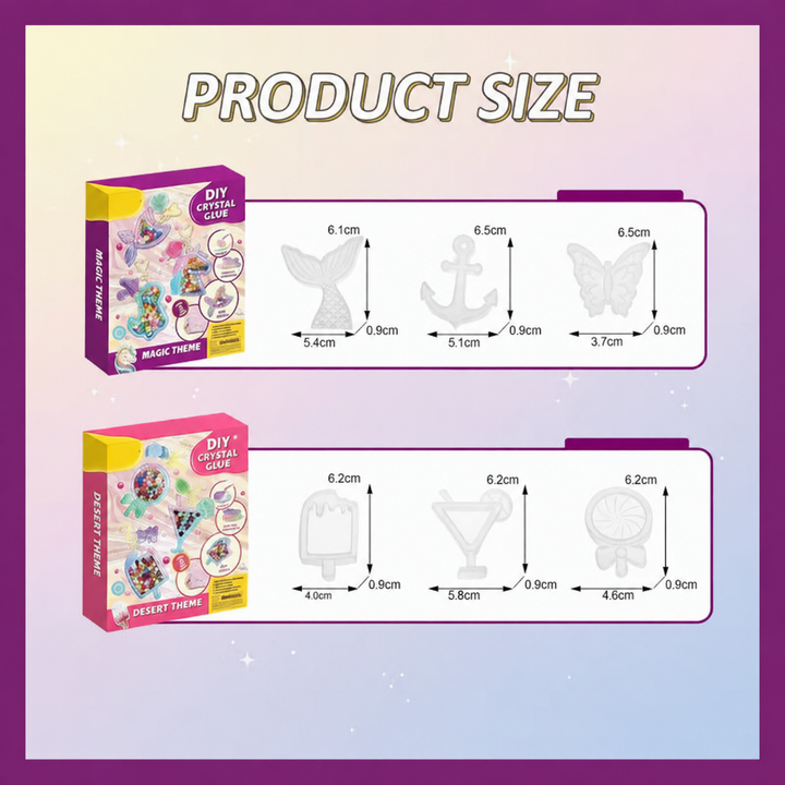 Measurement chart with front and side dimensions for six resin keychain charm designs