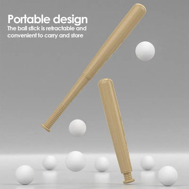 Retractable baseball bat shown extended and shortened, with white practice balls