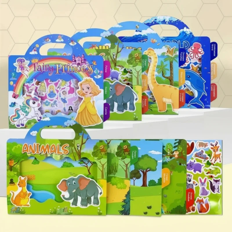 Themed sticker books displayed above an open animal book with fold-out scenes and a sticker sheet.