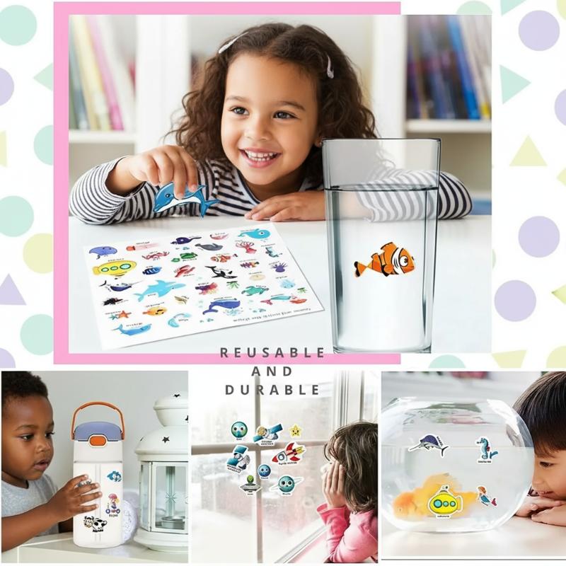 Children playing with colorful reusable stickers on clear surfaces and a bottle.