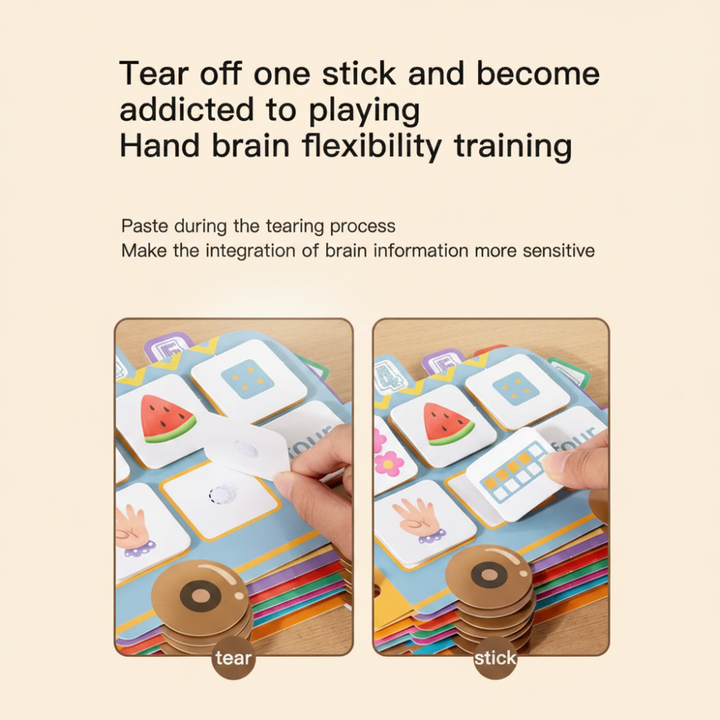 Two close-ups showing a matching tile being removed and pressed onto the blue counting page.